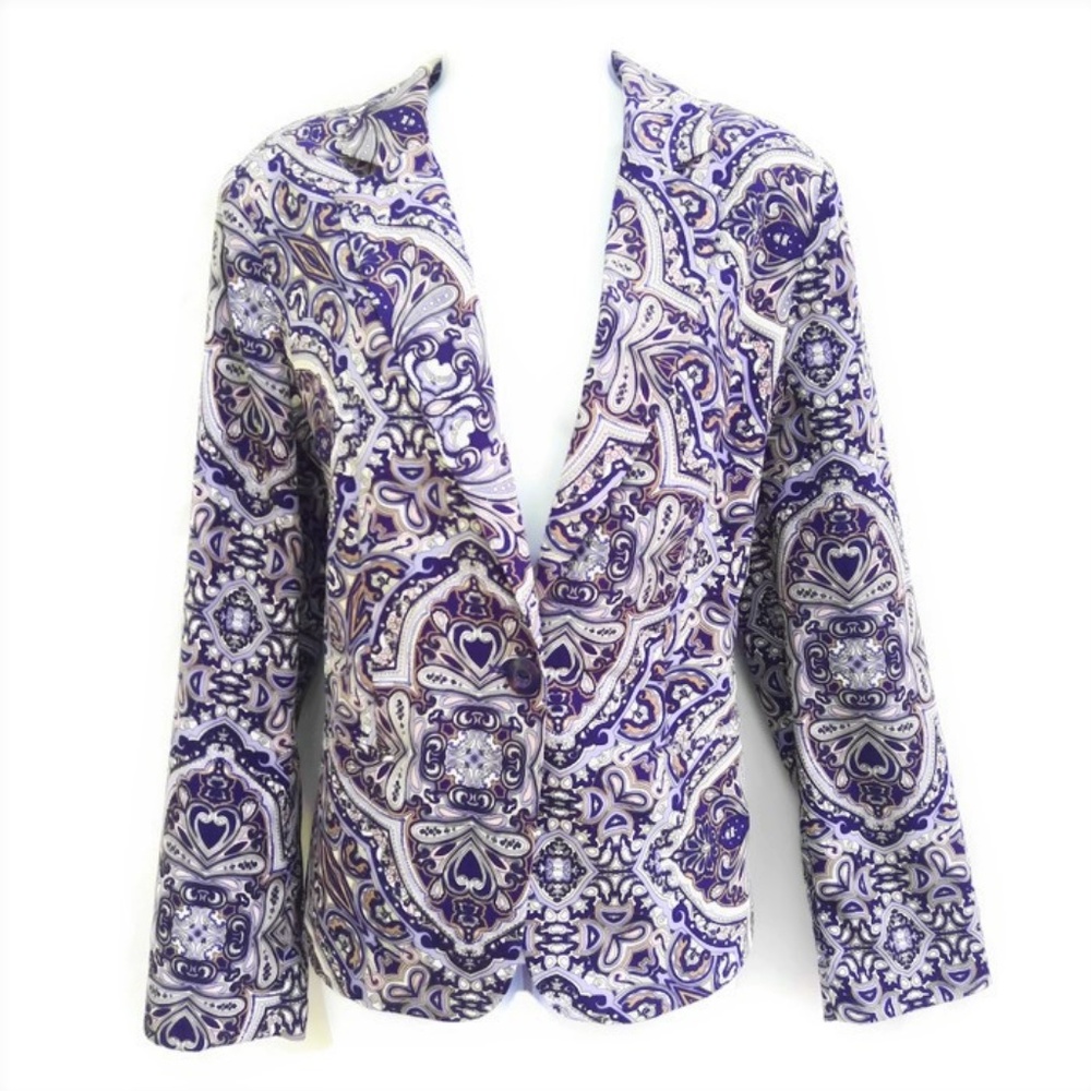 Chicos Blazer Satin Purple Paisley Lined 1 M 8 Office Relaxed Machine Wash